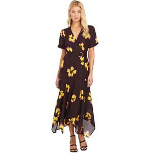 A.L.C. 100% Silk Floral Wrap Dress Size 6 Belted High Low Hem Midi